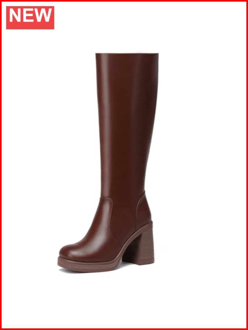 Faux Leather Knee High Boots Square Toe Block Heel Platform Side Zip Tall